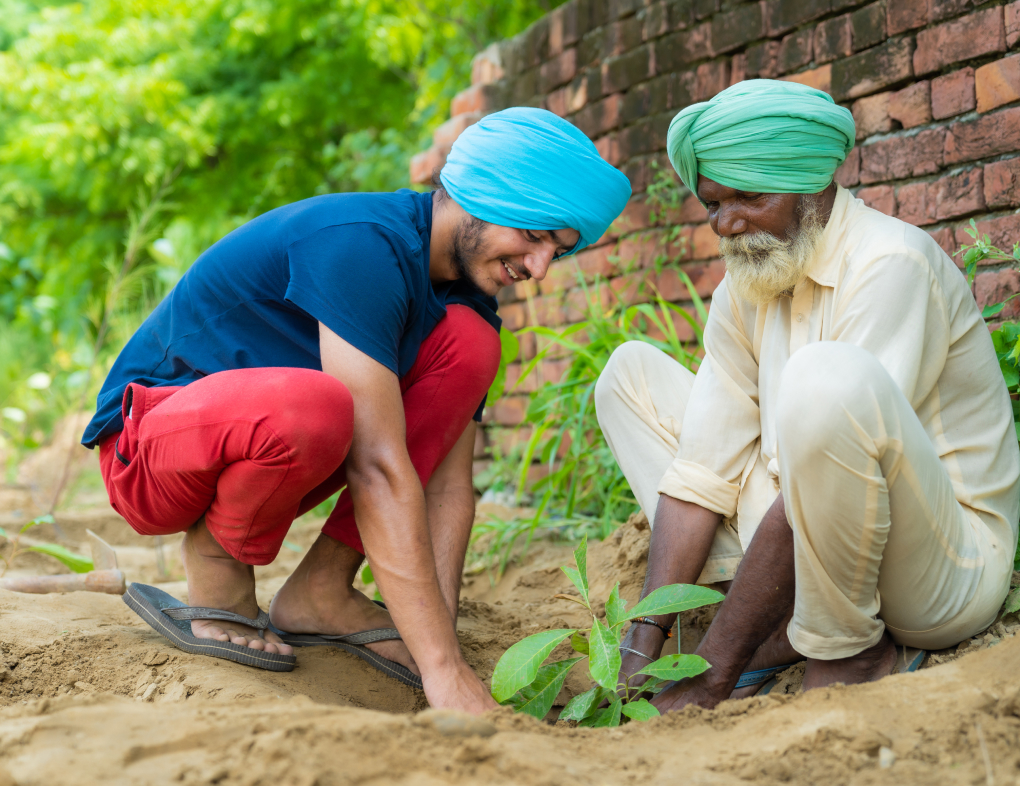 Two generations planting a tree together in village Jethuke.