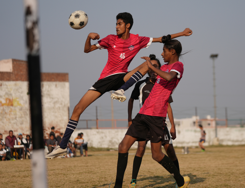 Two budding footballers in action at our Sports Center in Rasoolra village.