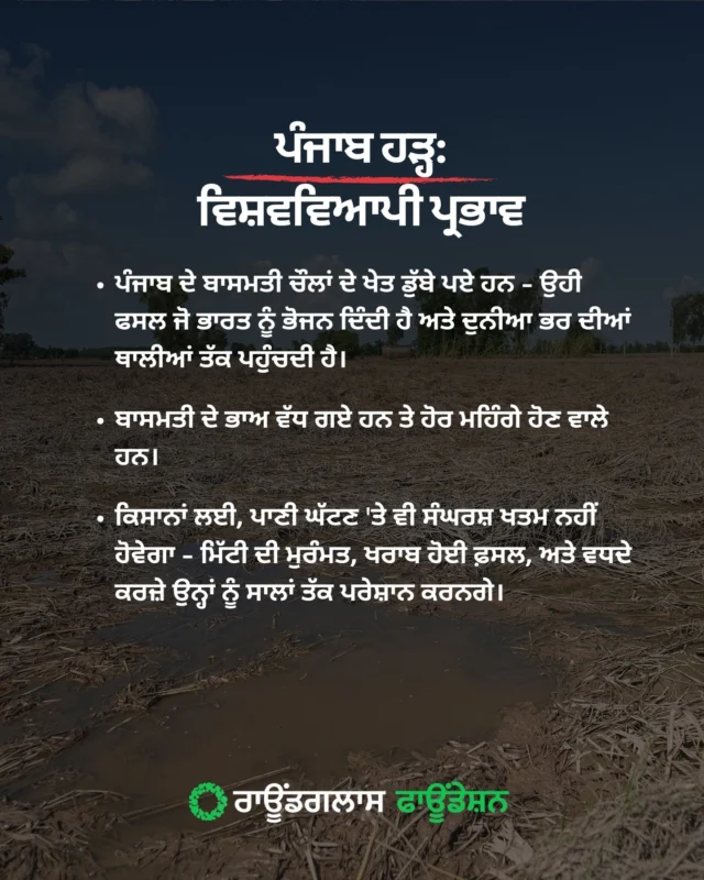 The global impact of Punjab floods is for all of us to face. Punjab has long been known as the food basket of India, and it has been growing rice for markets across the world as well. With this season's crops destroyed, and the long road ahead for rehabilitation of farmers, we can only hope normalcy sets in sooner.

ਪੰਜਾਬ ਦੇ ਹੜ੍ਹਾਂ ਦਾ ਵਿਸ਼ਵਵਿਆਪੀ ਪ੍ਰਭਾਵ ਸਾਡੇ ਸਾਰਿਆਂ ਲਈ ਹੈ। ਪੰਜਾਬ ਨੂੰ ਲੰਬੇ ਸਮੇਂ ਤੋਂ ਭਾਰਤ ਦੇ ਭੋਜਨ ਭੰਡਾਰ ਵਜੋਂ ਜਾਣਿਆ ਜਾਂਦਾ ਹੈ, ਅਤੇ ਇਹ ਦੁਨੀਆ ਭਰ ਦੇ ਬਾਜ਼ਾਰਾਂ ਲਈ ਚੌਲ ਉਗਾ ਰਿਹਾ ਹੈ। ਇਸ ਸੀਜ਼ਨ ਦੀਆਂ ਫਸਲਾਂ ਦੇ ਤਬਾਹ ਹੋਣ ਅਤੇ ਕਿਸਾਨਾਂ ਦੇ ਮੁੜ ਵਸੇਬੇ ਲਈ ਲੰਮਾ ਰਸਤਾ ਹੋਣ ਦੇ ਨਾਲ, ਅਸੀਂ ਸਿਰਫ ਉਮੀਦ ਕਰ ਸਕਦੇ ਹਾਂ ਕਿ ਹਾਲਾਤ ਜਲਦੀ ਹੀ ਆਮ ਹੋ ਜਾਣਗੇ।

#punjabfloods2025 #punjabfloods #floodrelief #roundglassfoundation #Punjab